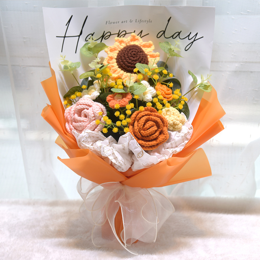 04Sunflower, Rose, Handmade Yarn, Knitted Bouquet, Finished Birthday Gift, Event Gift