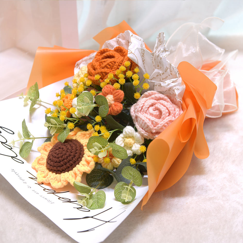 04Sunflower, Rose, Handmade Yarn, Knitted Bouquet, Finished Birthday Gift, Event Gift
