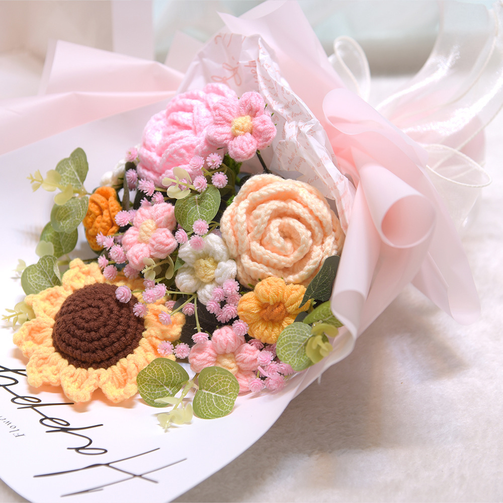 04Sunflower, Rose, Handmade Yarn, Knitted Bouquet, Finished Birthday Gift, Event Gift