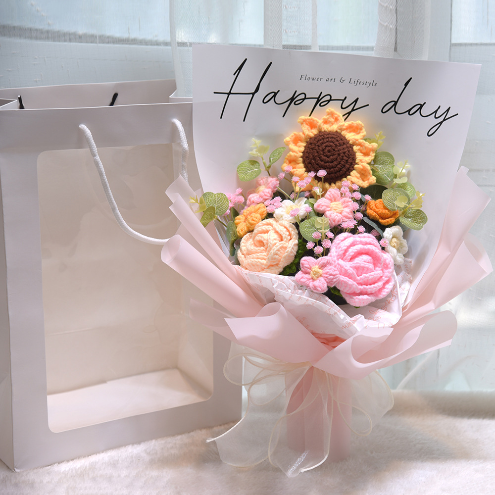 04Sunflower, Rose, Handmade Yarn, Knitted Bouquet, Finished Birthday Gift, Event Gift
