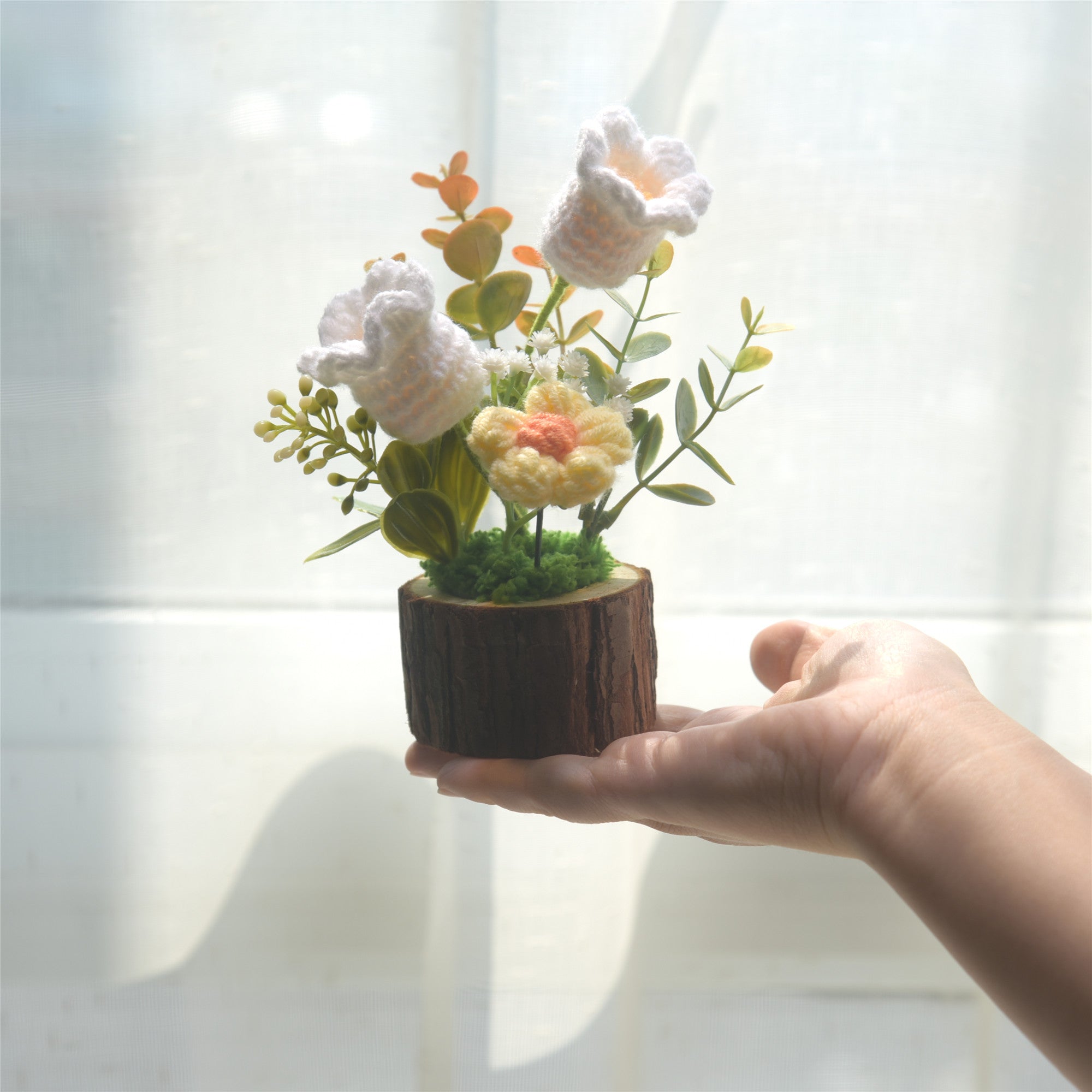 127 Handmade woven lily of the valley potted home decoration, knitted simulated flower yarn, crochet bouquet, fake flower gift