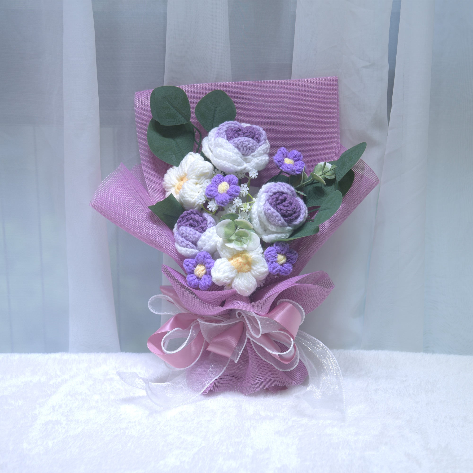 225 Handmade Flower Knitted Yarn Bouquet Valentine's Day Gift Rose Knitted Yarn Flower Best Friend Birthday Gift