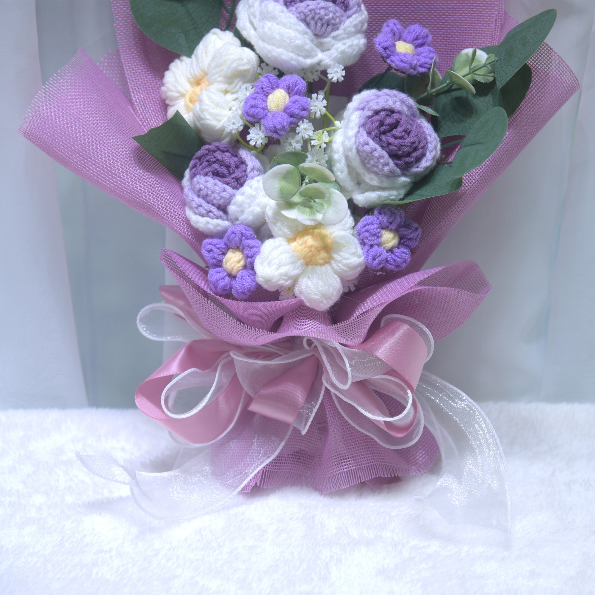 225 Handmade Flower Knitted Yarn Bouquet Valentine's Day Gift Rose Knitted Yarn Flower Best Friend Birthday Gift