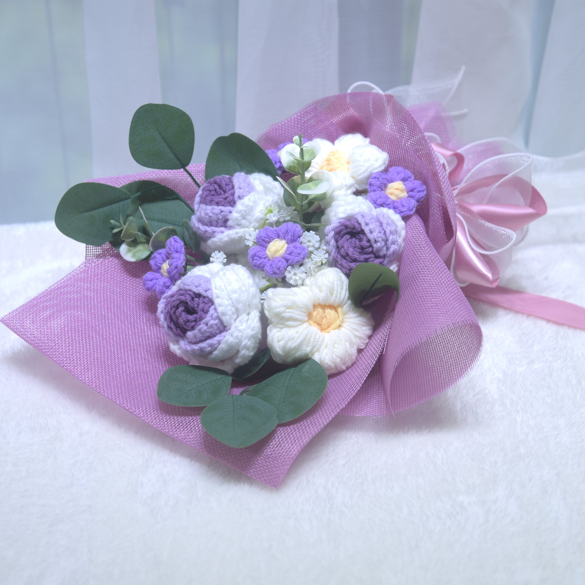 225 Handmade Flower Knitted Yarn Bouquet Valentine's Day Gift Rose Knitted Yarn Flower Best Friend Birthday Gift