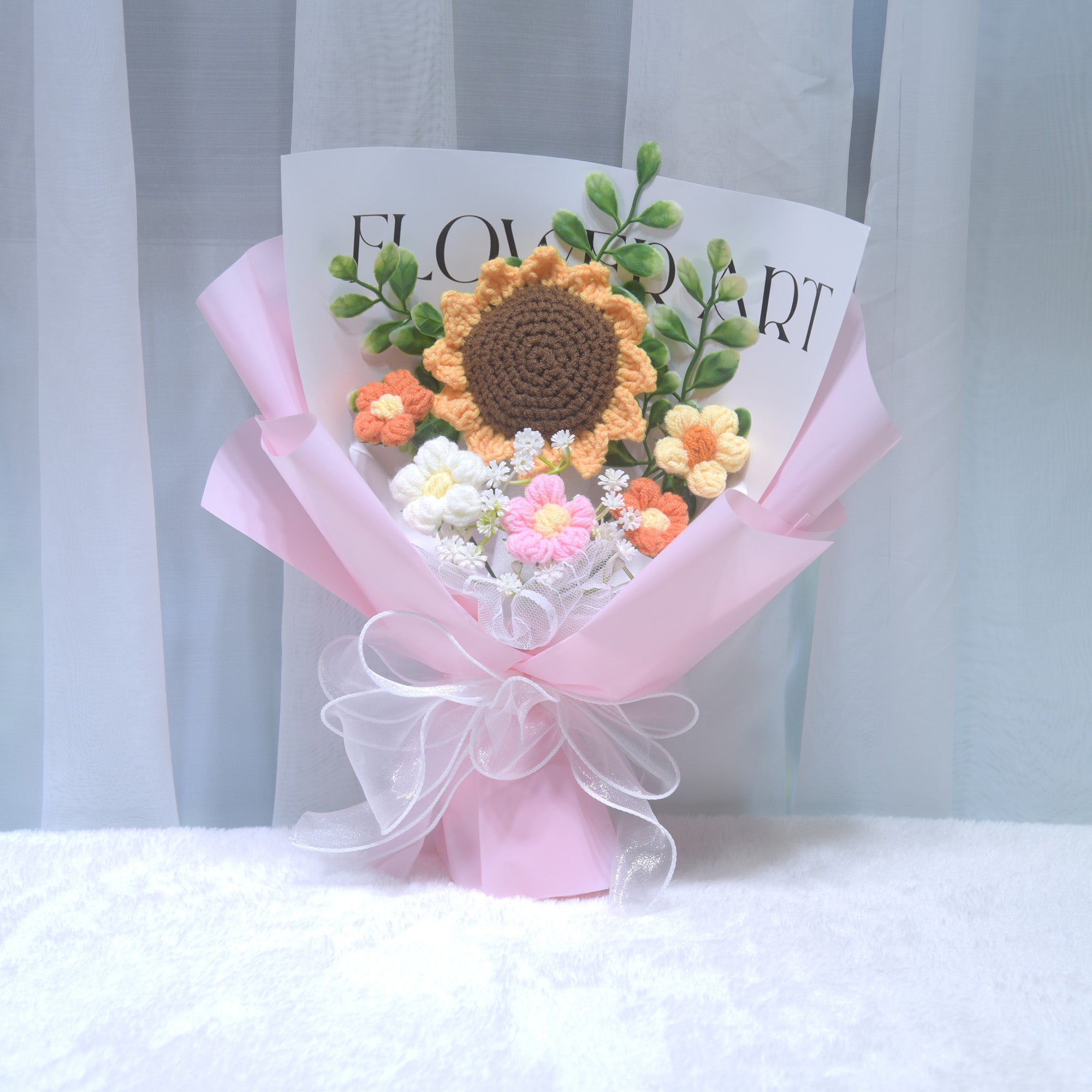 226 Sunflower yarn knitted bouquet, handmade woven flower, graduation birthday gift