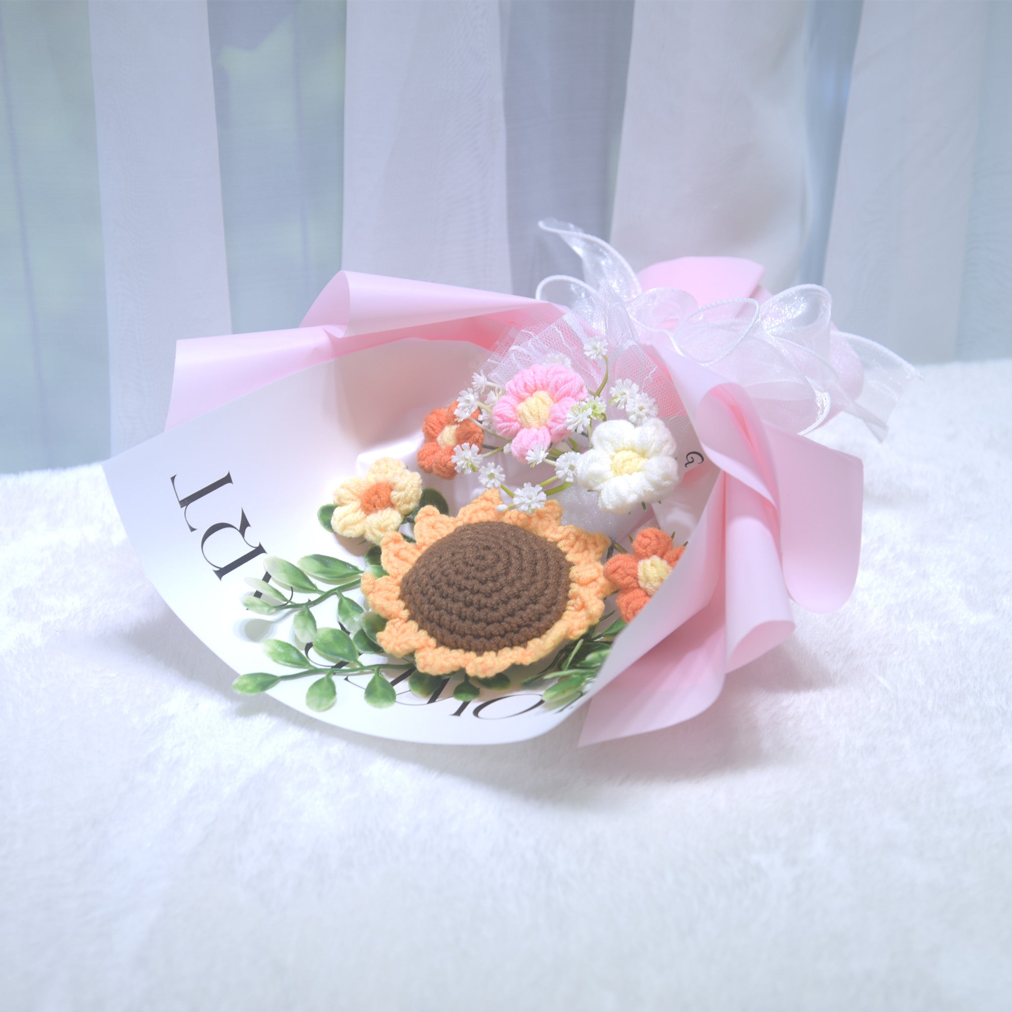 226 Sunflower yarn knitted bouquet, handmade woven flower, graduation birthday gift
