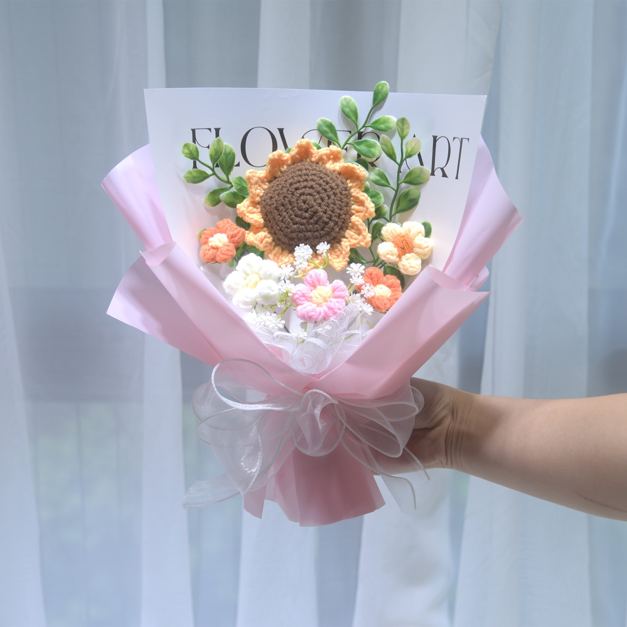 226 Sunflower yarn knitted bouquet, handmade woven flower, graduation birthday gift