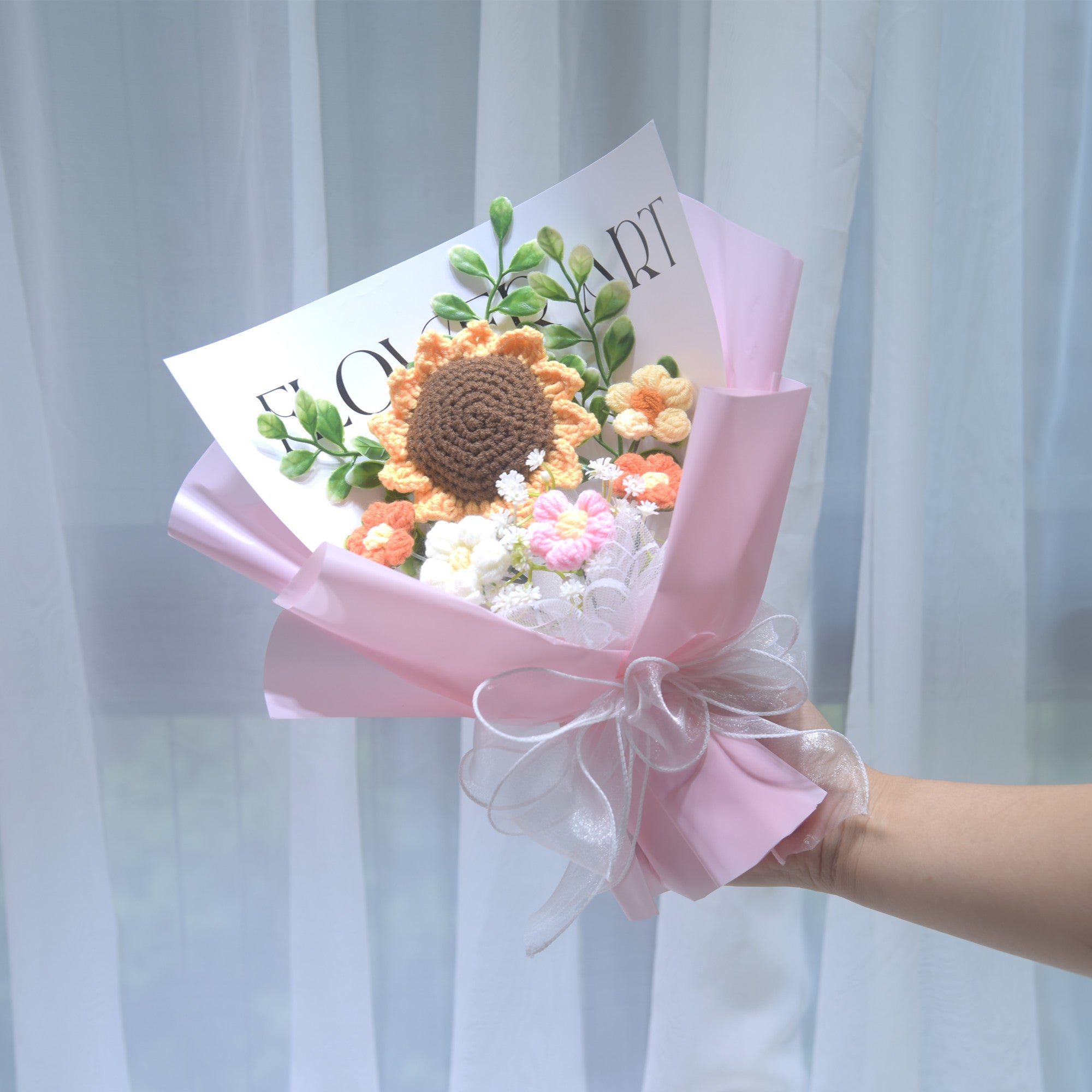 226 Sunflower yarn knitted bouquet, handmade woven flower, graduation birthday gift