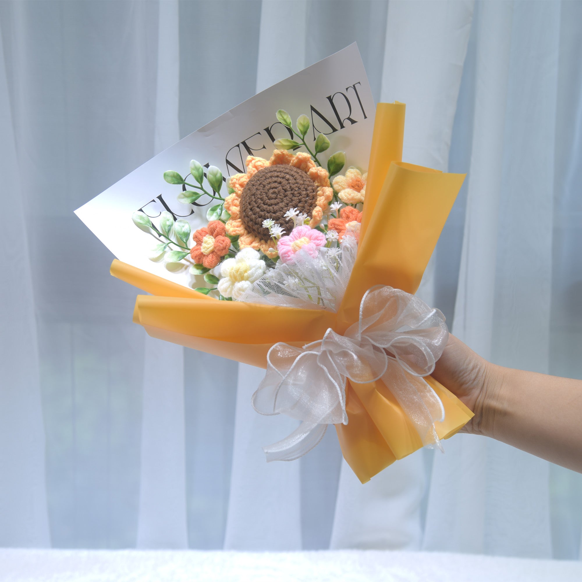 226 Sunflower yarn knitted bouquet, handmade woven flower, graduation birthday gift